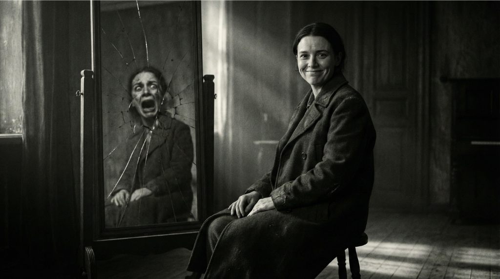 Mulher diante do espelho mentindo para si mesma sobre suas emoções.