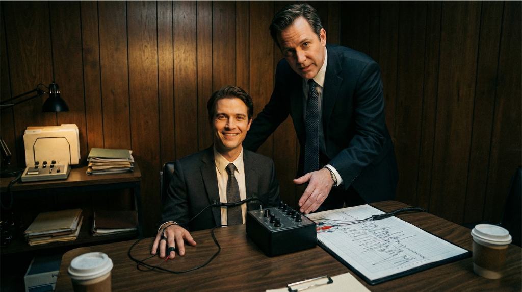 Homem conectado ao detector de mentiras.