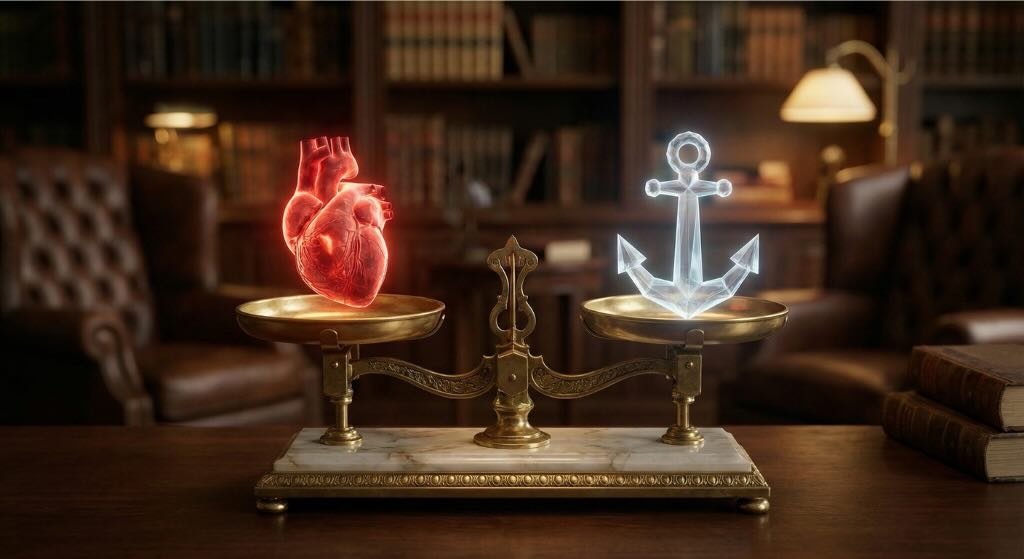 Uma fotografia conceitual de uma balança antiga em equilíbrio. De um lado, um coração vibrante (paixão/instinto); do outro, uma estrutura de cristal em forma de âncora (estabilidade/decisão). Fundo de biblioteca desfocado (sabedoria).