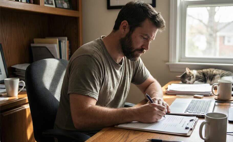 Homem sentado à mesa do escritório respondendo a um quiz sobre vício em pornografia.