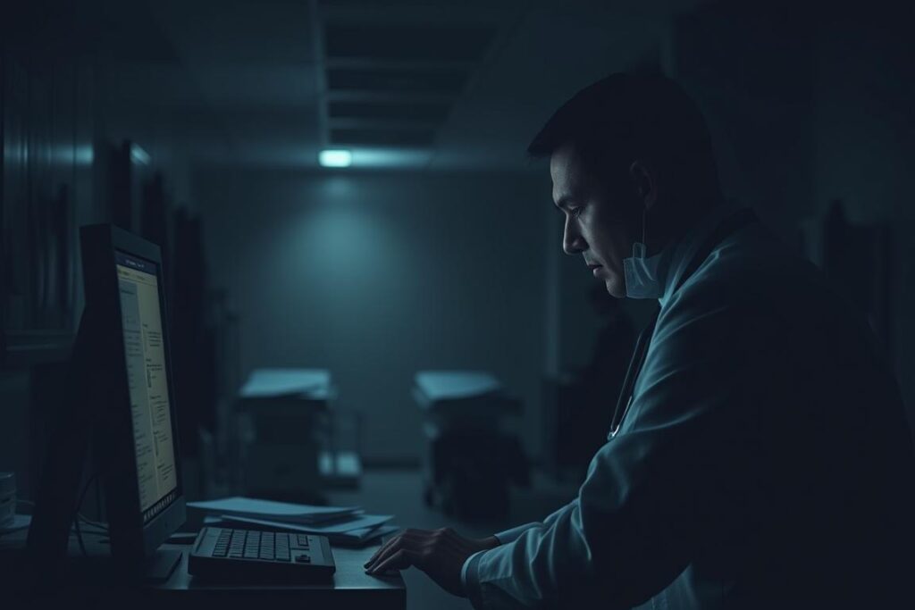 A dimly lit hospital ward, the air heavy with exhaustion. A lone physician, hunched over a desk, shoulders burdened by the weight of endless paperwork and sleepless nights. The room's muted tones reflect the somber mood, the only illumination a soft glow from a flickering computer screen. Shadows cast across the face, revealing the strain of constant pressure and the toll it takes on mental well-being. Realistically rendered, this scene captures the hidden factors that challenge the mental health of dedicated medical professionals, a poignant reminder of the need for systemic change and greater support.