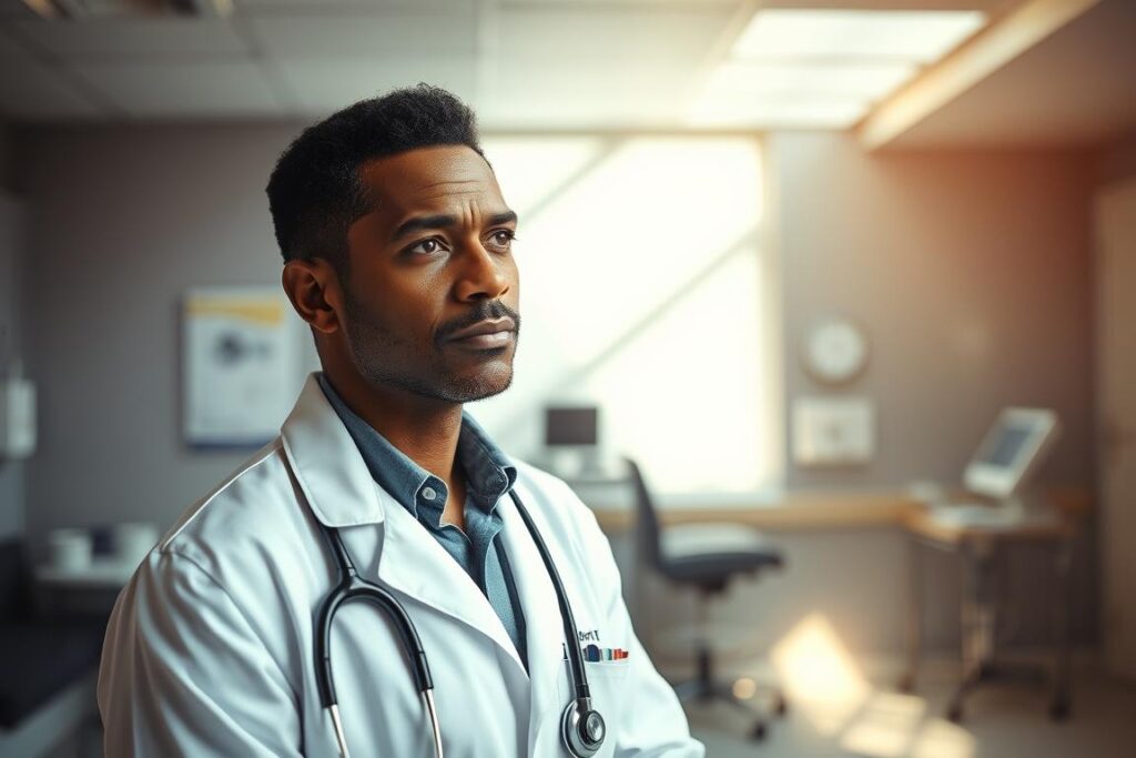 A thoughtful doctor, wearing a white coat, stands in a serene, sun-dappled medical office. Their expression reflects deep introspection, conveying the weight of the profession and the importance of mental wellbeing. The background is a calming blend of soft grays and blues, with subtle medical equipment subtly present. Warm, natural lighting illuminates the scene, creating a contemplative atmosphere. The overall composition emphasizes the doctor's quiet contemplation, highlighting the essential role of mental health in the practice of medicine.
