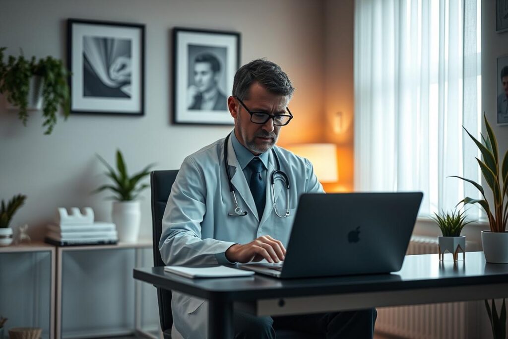 a sad and tired doctor sat on his desk in front of his macbook, on a beautiful and modern consolatory