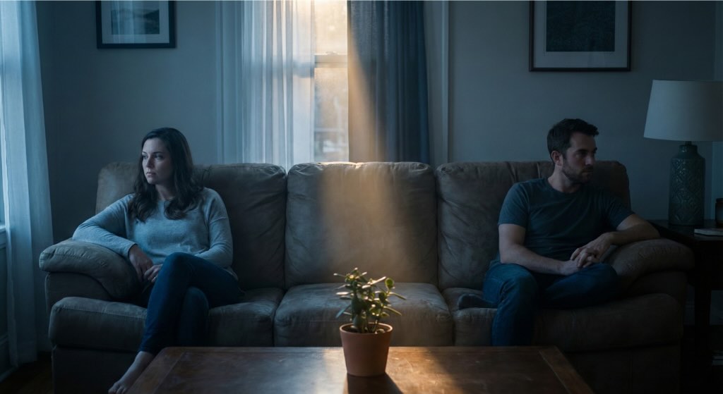 Casal demonstrando distanciamento emocional, um dos sinais para buscar um terapeuta sexual.