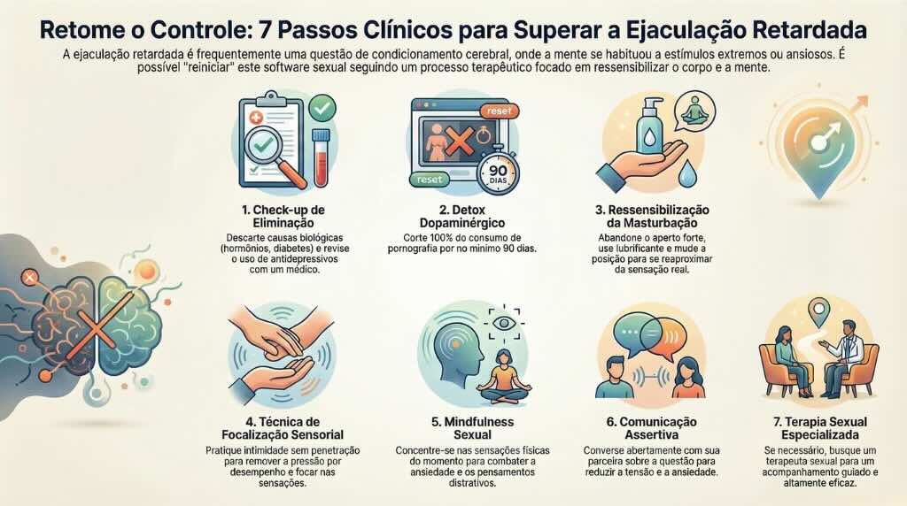 Infográfico com orientações sobre técnicas e tratamento da Ejaculação Retardada.