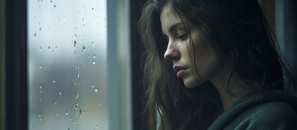 • Mulher com expressão de dúvida e tristeza olhando pela janela, refletindo sobre o sofrimento e os sinais de um relacionamento tóxico e o desgaste emocional.