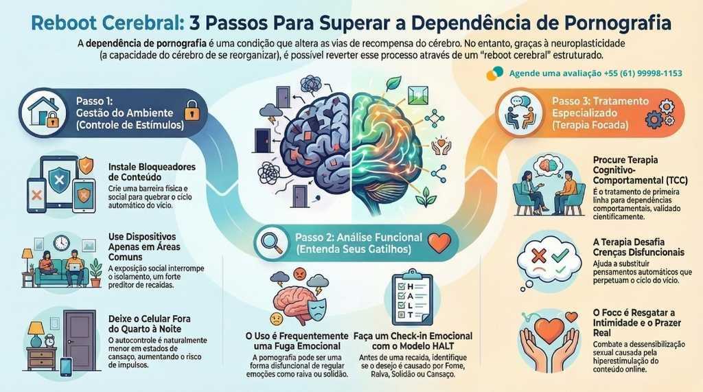 Quadro resumo contendo os 03 passos para o tratamento do vício em pornografia com base em ciência.