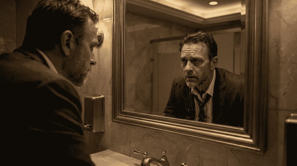 CEO se olhando no espelho, diante da necessidade de buscar ajuda psicológica para lidar com a fadiga de decisão.
