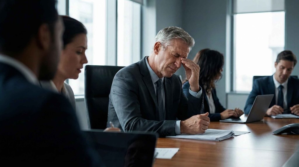 CEO, líder de um grande time corporativo numa reunião tensa revelando fadiga de decisão.