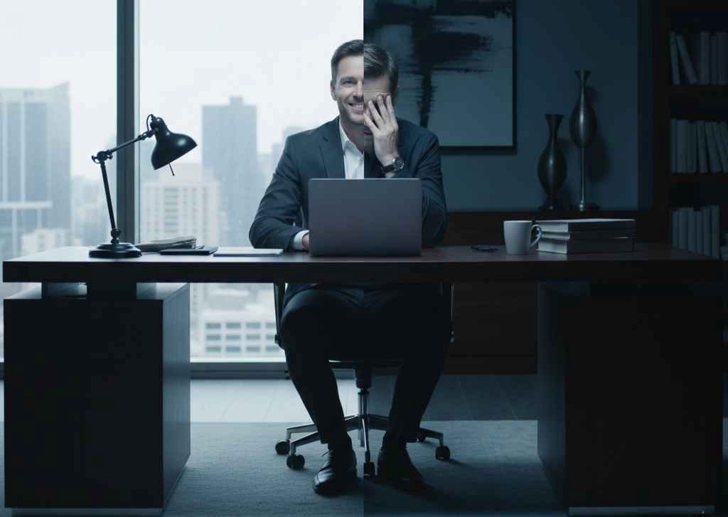 Homem executivo diante da dissonância de ser heterossexual mas assistir pornografia transsexual.