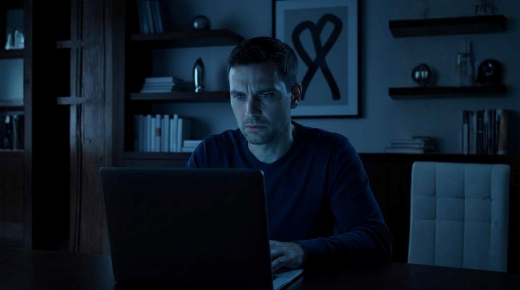 Homem heterossexual à frente do computador consumindo conteúdo pornô trans.