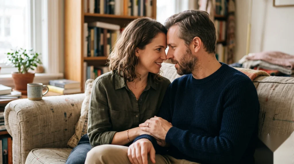 Casal em conversa próxima, representando a comunicação como caminho para o prazer