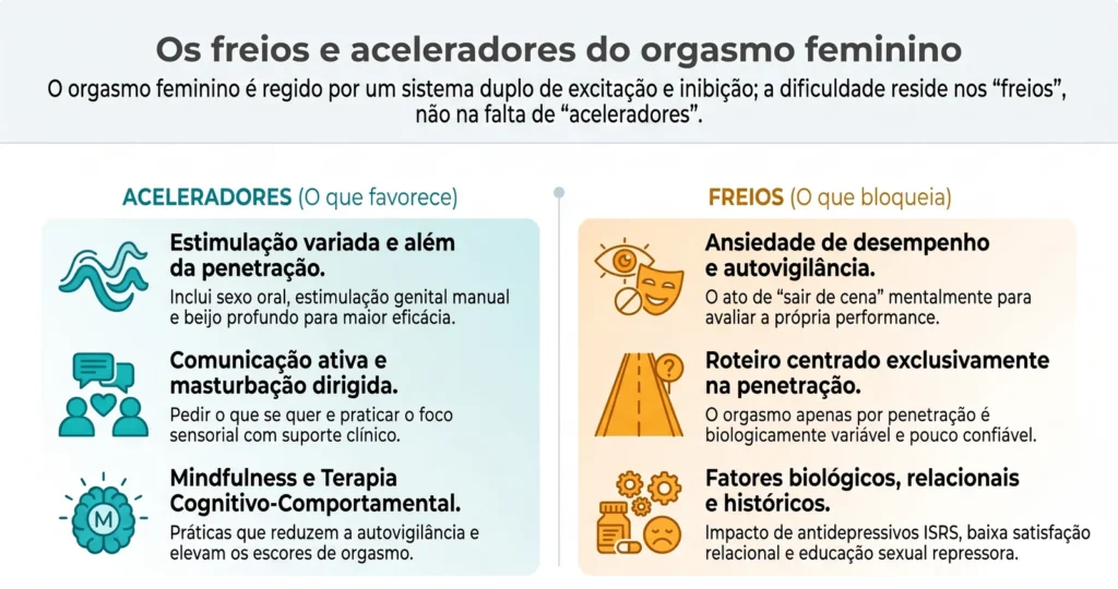 Infográfico dos freios e aceleradores do orgasmo feminino segundo a evidência científica