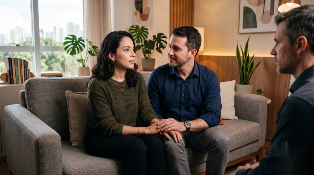 Casal em sessão de terapia de casal com psicólogo em consultório em Brasília
