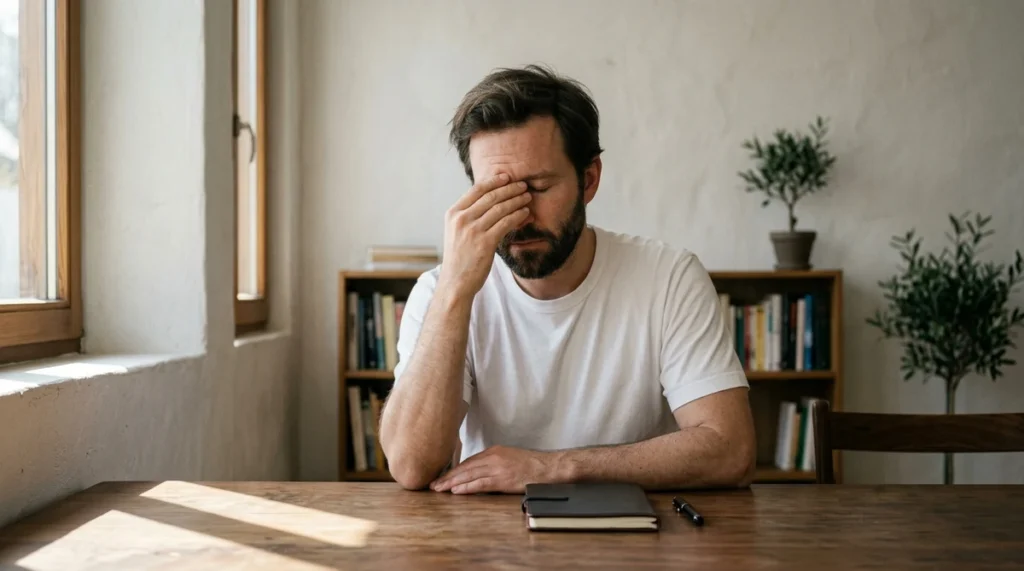 Homem em reflexão silenciosa à mesa, representando a diferença entre culpa moral e compulsão clínica