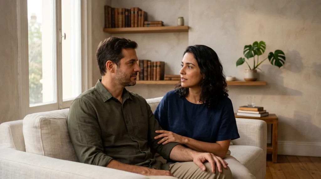 Casal brasileiro de meia-idade sentado lado a lado no sofá, voltado um para o outro em conversa atenta na luz do fim de tarde — o trabalho diário de desenvolver a intimidade do casal