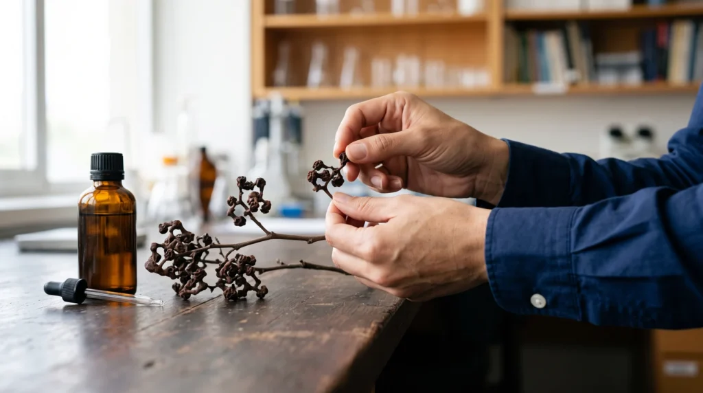 Mãos examinando um ramo de Hovenia dulcis com cachos de frutos secos sobre bancada escura de laboratório, ao lado de um frasco âmbar fechado sem rótulo — a pesquisa científica sobre Hovenia dulcis e o consumo de álcool