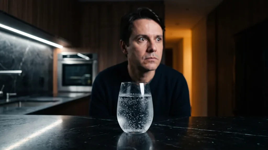 Homem à noite na cozinha, olhar fixo e sem prazer, ilustrando o querer sem gostar dos impulsos sexuais