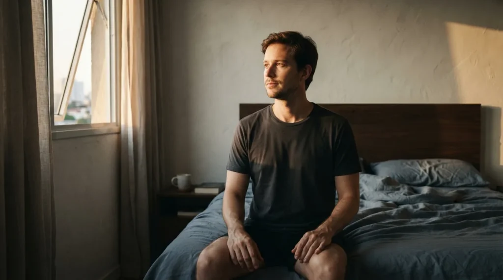 Homem desperta ao amanhecer e observa a luz entrando pelo quarto, refletindo sobre um sonho