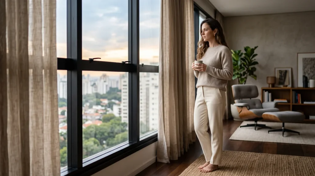 Mulher pensativa junto à janela pela manhã, representando a dor do parceiro diante da descoberta do consumo