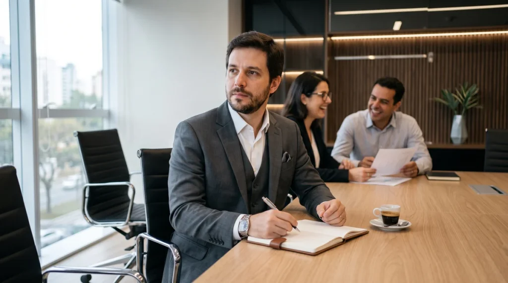 Homem distraído em reunião de trabalho à tarde, ilustrando a ansiedade e a névoa mental associadas ao uso problemático de pornografia