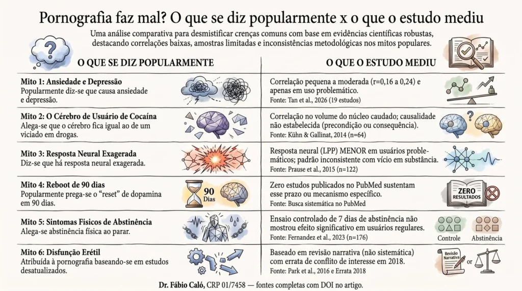 Infográfico comparando mitos populares sobre pornografia com o que os estudos científicos realmente mediram
