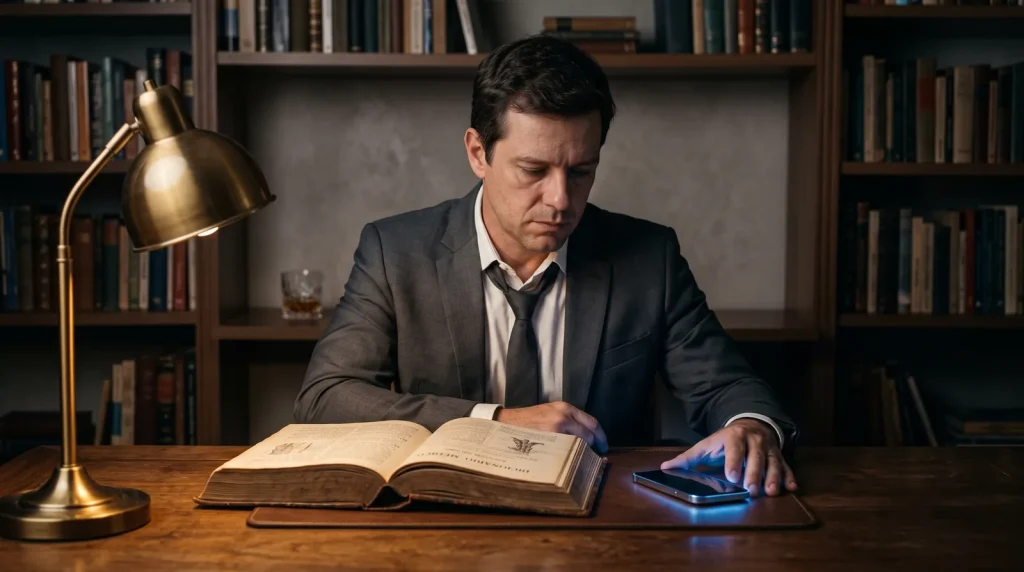 Homem de terno sentado à mesa à noite, com um dicionário médico antigo aberto e o celular virado para baixo — satiríase, o nome antigo de um problema atual