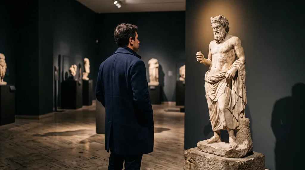 Homem de sobretudo observa uma estátua antiga de sátiro num museu — a origem da palavra satiríase
