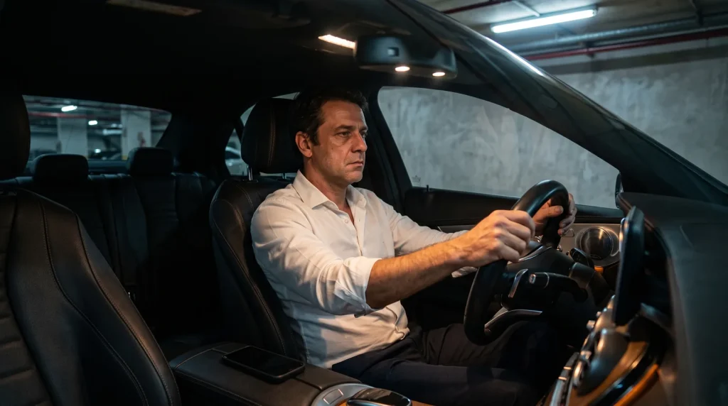 Homem sentado no carro parado na garagem à noite, sem subir para casa — um dos sinais da satiríase é repetir apesar das consequências