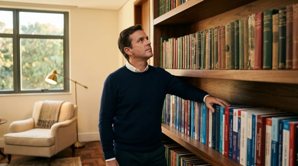 Homem em escritório diante de estante de dois níveis, filosofia em cima e manuais clínicos embaixo: Behaviorismo Radical e TCC estão em planos diferentes