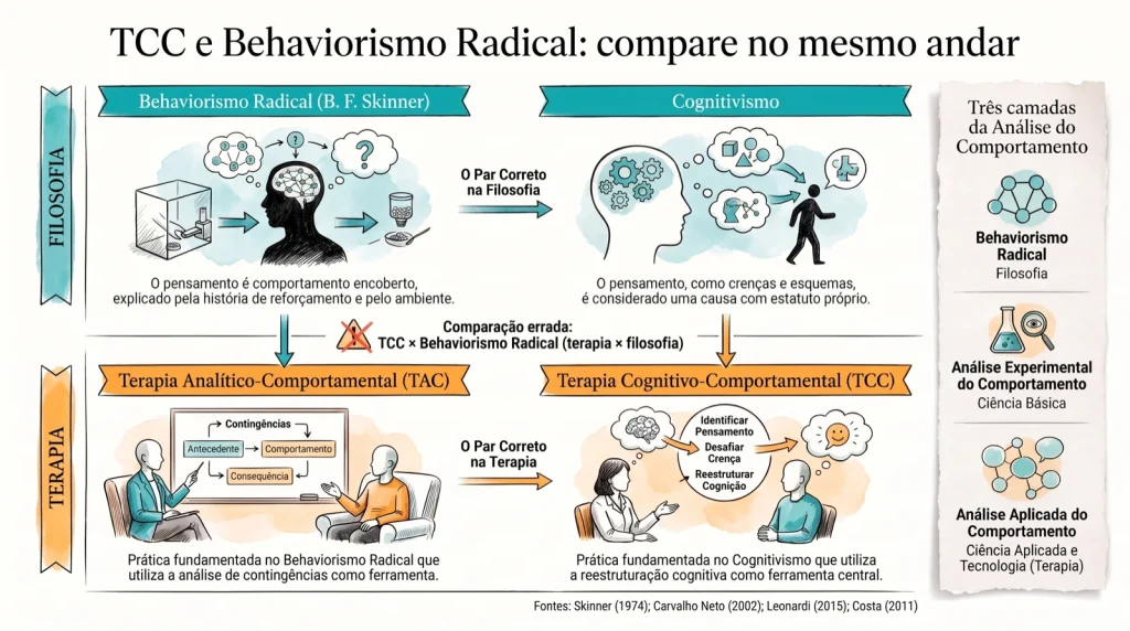 Infográfico: Behaviorismo Radical e cognitivismo no andar da filosofia; TAC e TCC no andar da terapia