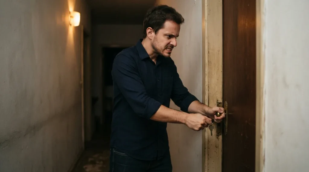 Homem adulto verificando a maçaneta de uma porta em ambiente doméstico, expressão de tensão contida