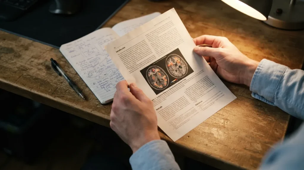 Close de mãos segurando um artigo científico impresso com imagem de neuroimagem cerebral, sobre uma mesa de estudo