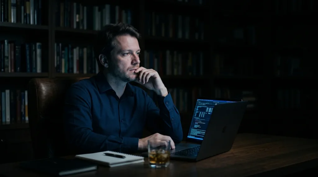 Homem sozinho à noite diante da luz de um notebook, com olhar ausente, ilustrando o uso problemático de pornografia como evitação emocional