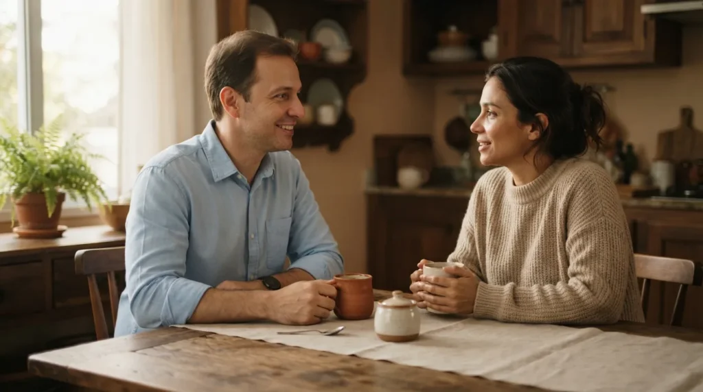 Casal sentado à mesa tomando café, conversando sobre a escolha do parceiro