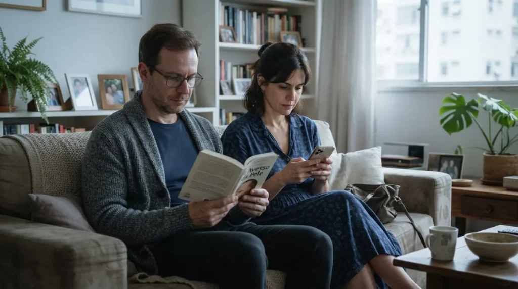 Casal em casa em momentos de atenção individual, representando quando a semelhança não garante satisfação