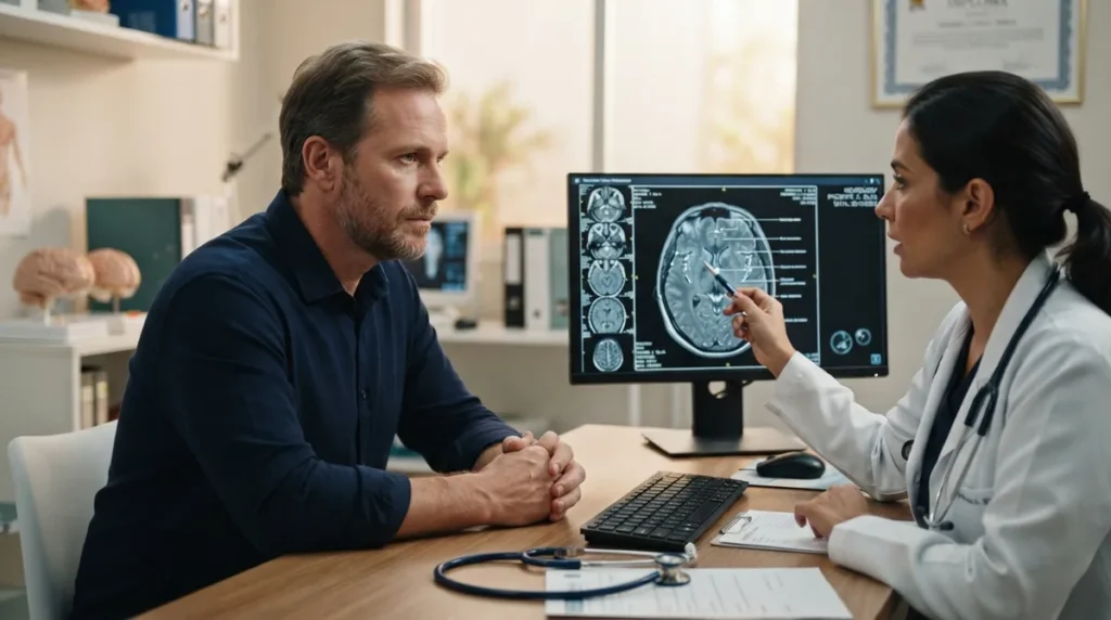 Homem observando exame de ressonância cerebral durante consulta médica