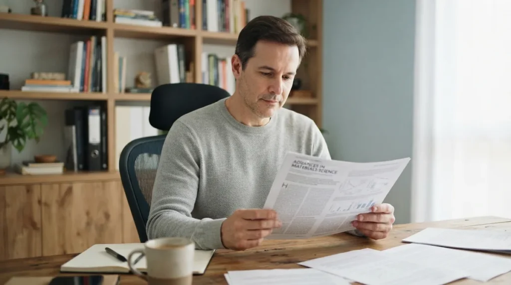 Homem lendo um artigo científico impresso em uma mesa de escritório