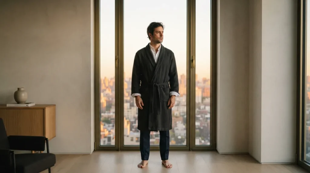 Homem brasileiro de pele clara e cabelo castanho, vestindo um robe escuro sobre camisa social branca, em pé diante de uma janela ampla ao amanhecer em um apartamento com paredes de estuque e piso de madeira, olhando para fora com expressão serena, sem lágrimas.