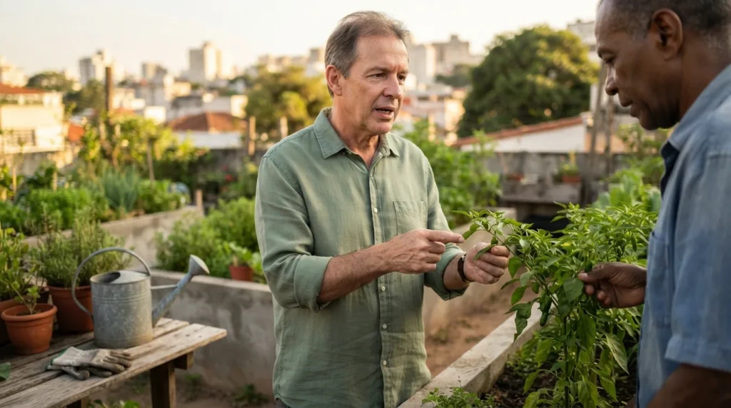 Idoso brasileiro cuidando de horta comunitária em conversa com vizinho, ilustrando engajamento social e envelhecimento ativo