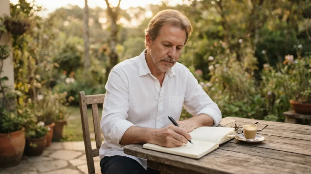 Homem concentrado escrevendo em um caderno em um terraço ao ar livre