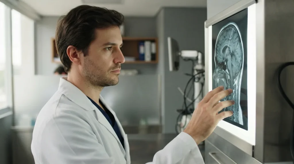 Médico analisando planejamento de eletrodos de estimulação cerebral profunda em imagem de ressonância magnética