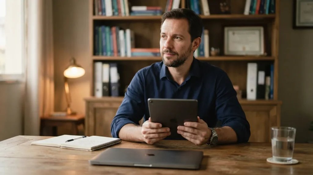 Homem de pele clara e cabelo castanho segura um tablet durante a leitura de dados clínicos, em consultório com luz natural.