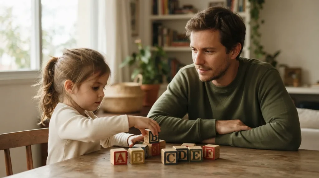 Pai observando atentamente a filha pequena enquanto ela brinca com blocos de letras coloridos em uma mesa de madeira, luz natural lateral suave, ambiente doméstico sóbrio.