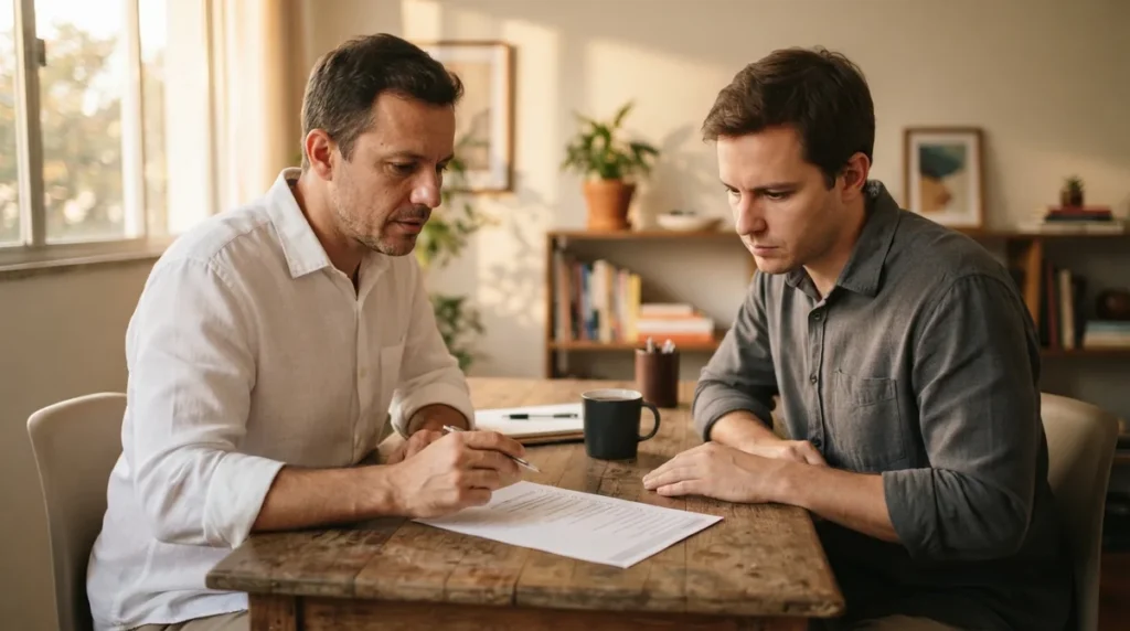 Psicólogo em consultório sóbrio conversando com um pai sobre avaliação de sinais de dislexia do filho, ambos sentados à mesa com anotações.