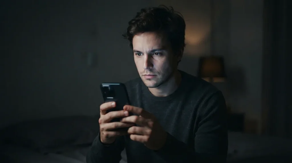 Rosto de homem iluminado de um lado pela luz azulada do celular à noite, olhando a tela com expressão tensa e concentrada