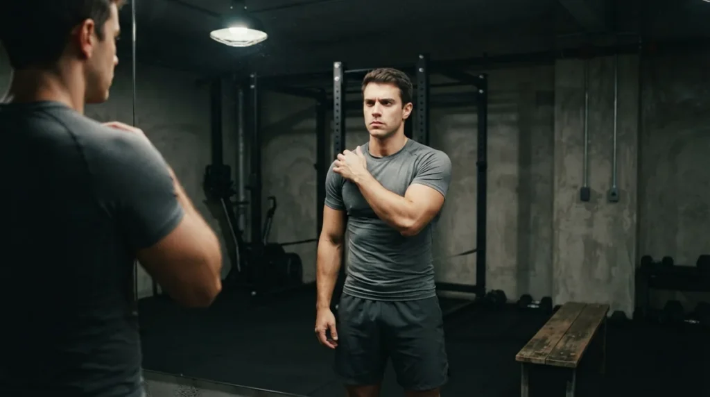Homem musculoso em frente ao espelho da academia avaliando o próprio físico com expressão séria e concentrada