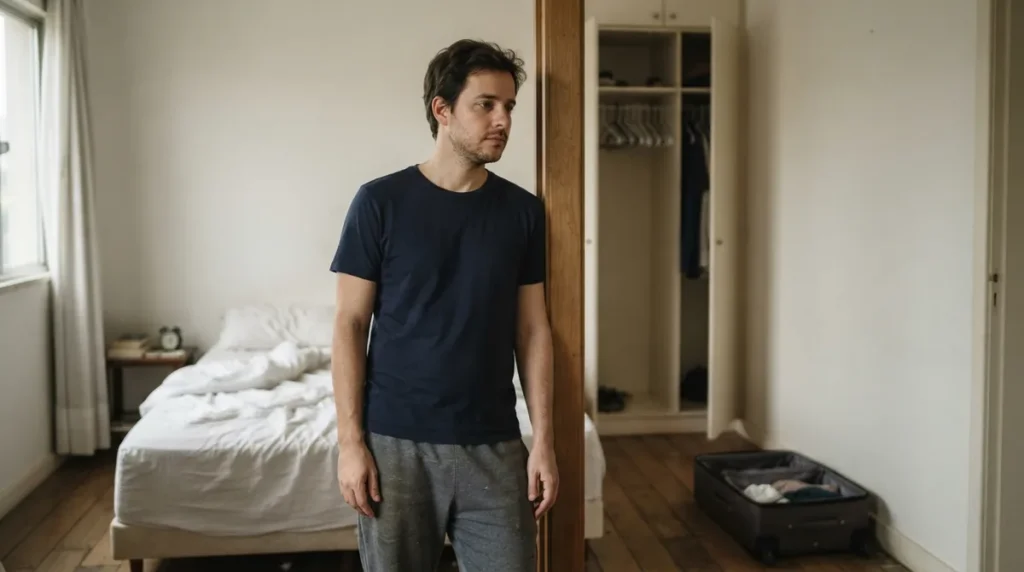 Homem parado diante de um closet com cabides vazios, representando o luto no fim de um relacionamento.