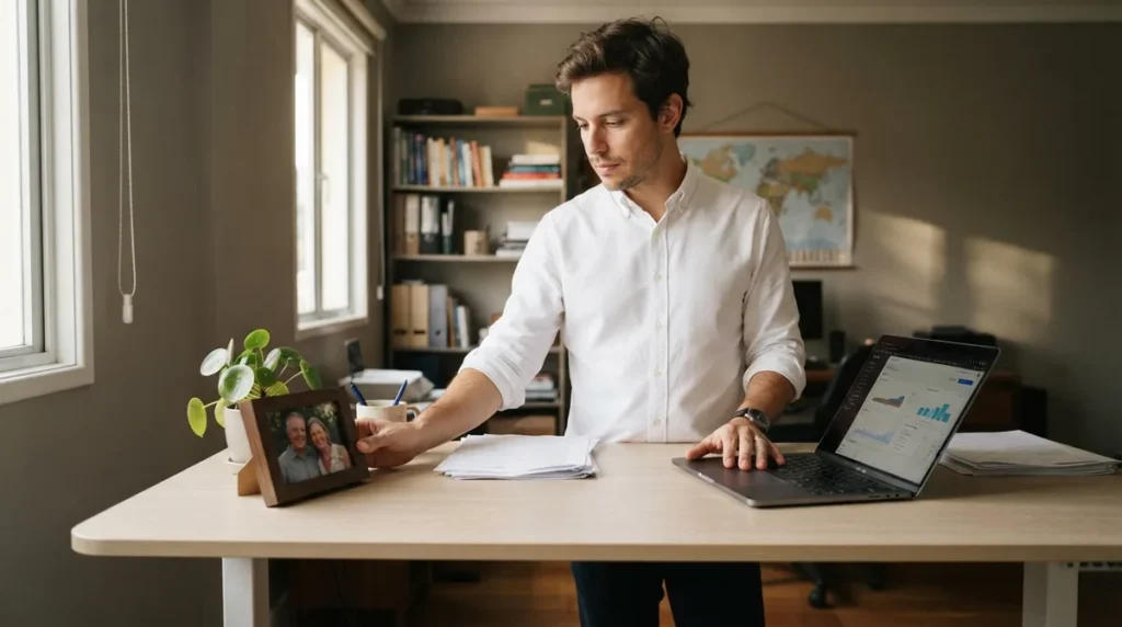Homem em home office pausando o trabalho por um instante diante de uma fotografia emoldurada, ilustrando a oscilação entre a dor da perda e a reorganização da vida prática.