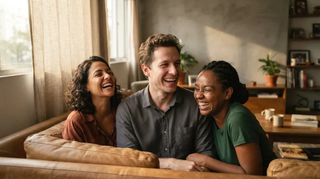 Grupo de amigos brasileiros, incluindo um homem de pele clara e cabelo castanho, gargalhando genuinamente juntos em uma sala iluminada por luz natural